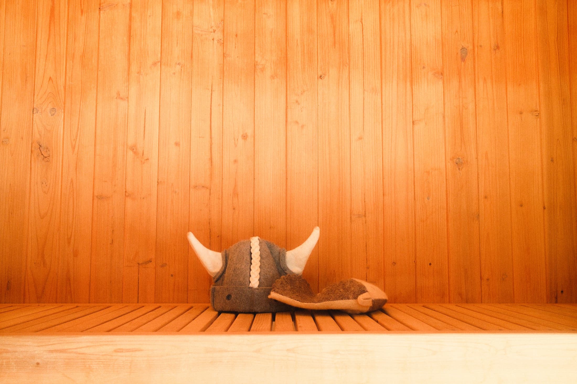 A felt viking hat and slippers left on the cedar bench inside.